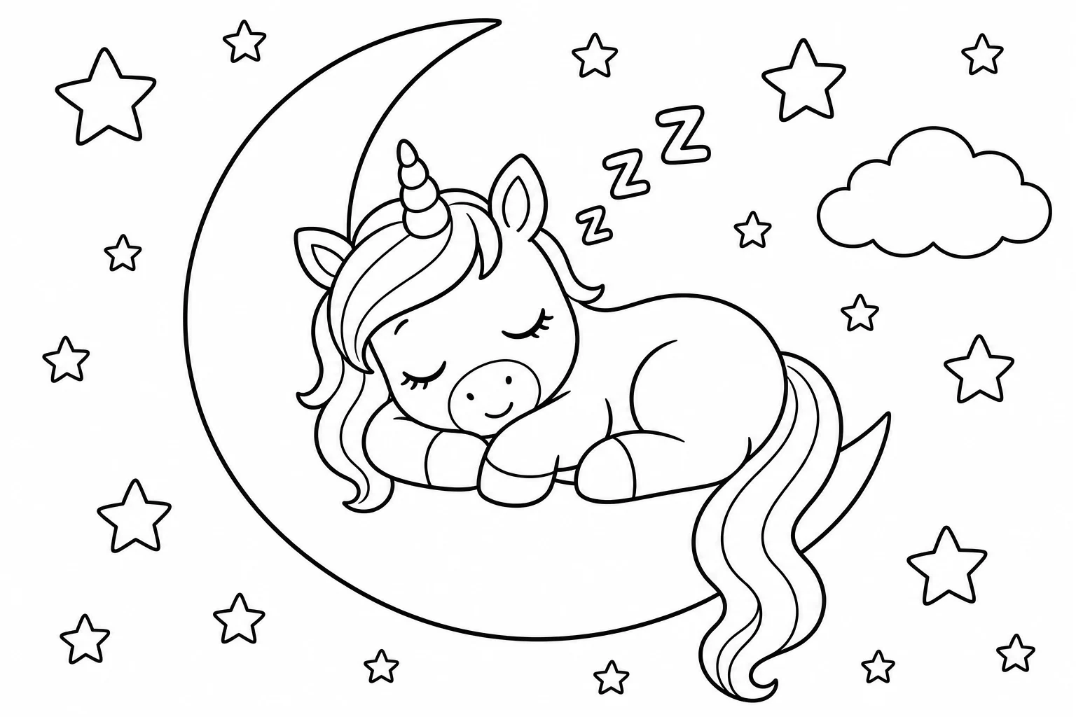 Unicorns sleeping on moon — classic unicorns coloring page (ages 5–10)