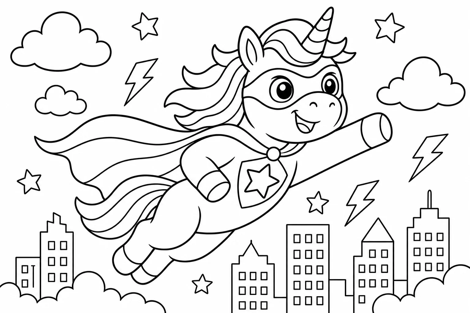 Unicorns superhero unicorn — classic unicorns coloring page (ages 5–10)