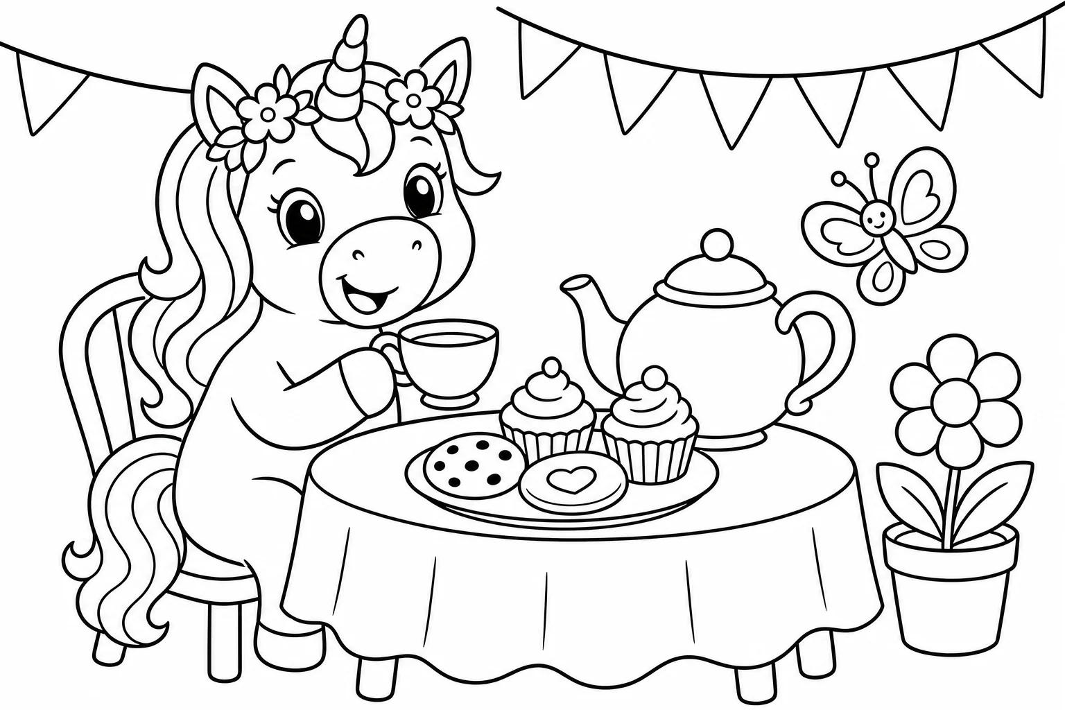 Unicorns tea party unicorn — classic unicorns coloring page (ages 5–10)