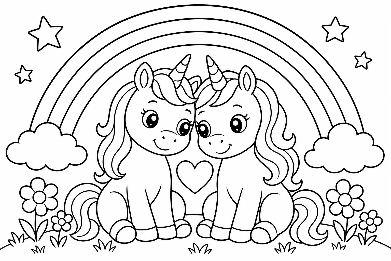 Unicorns two unicorn friends — classic unicorns coloring page (ages 5–10)