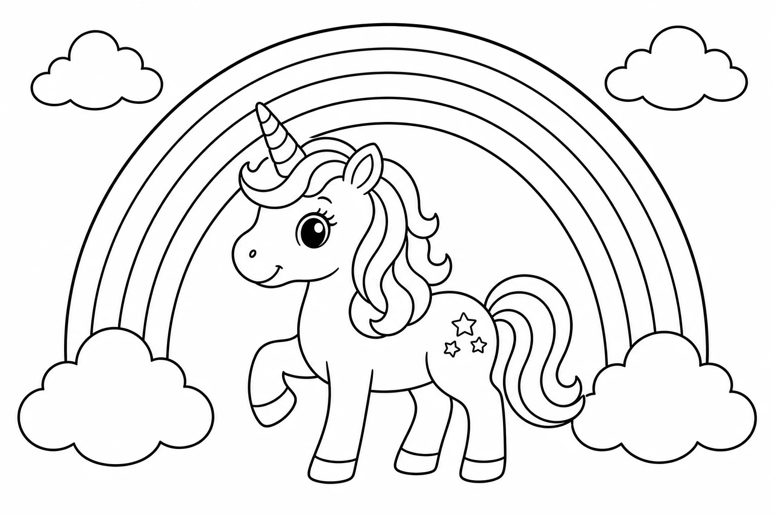 Unicorns with rainbow — classic unicorns coloring page (ages 5–10)