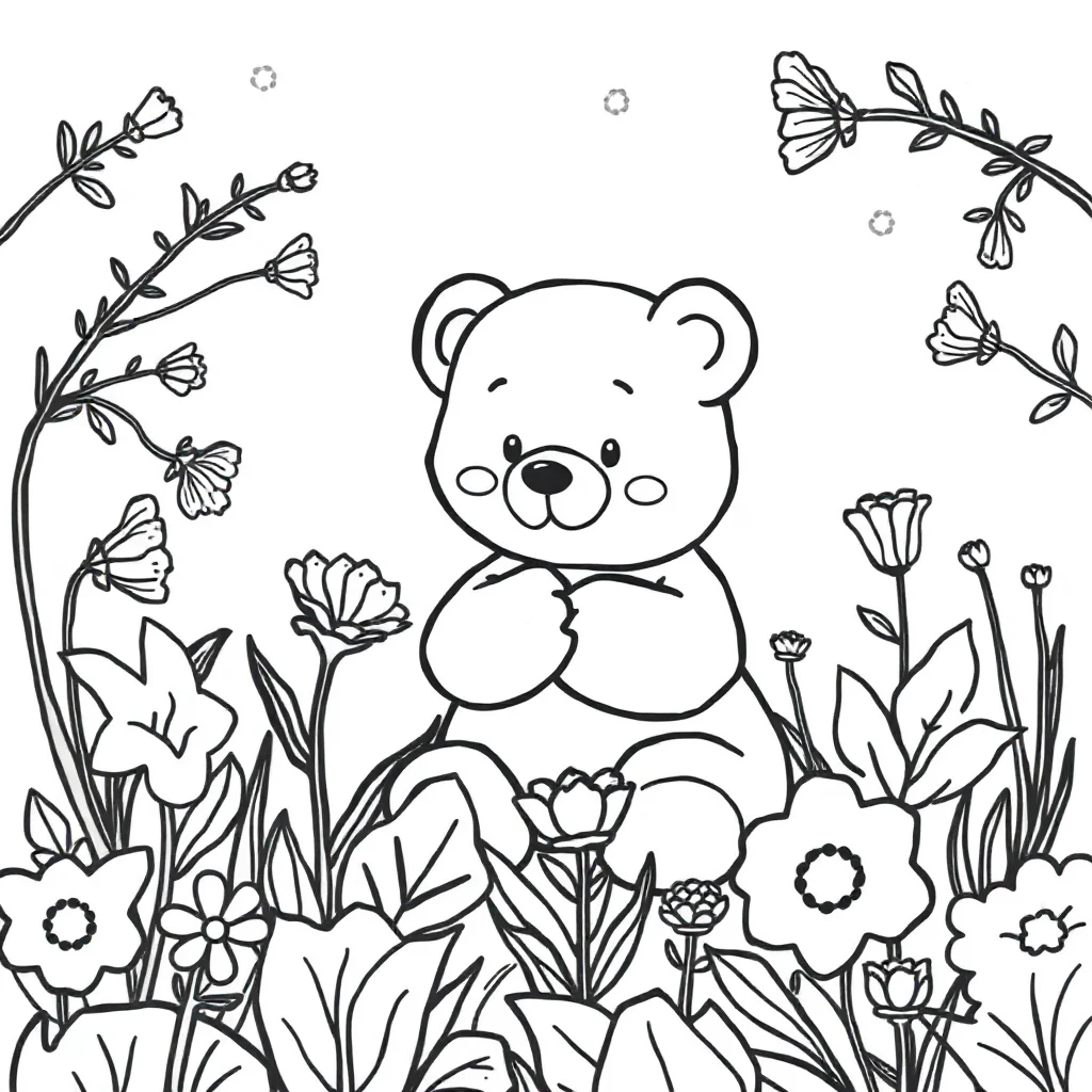 Valentines day a cute love bear in a flower garden — classic valentine's day coloring page (ages 5–10)
