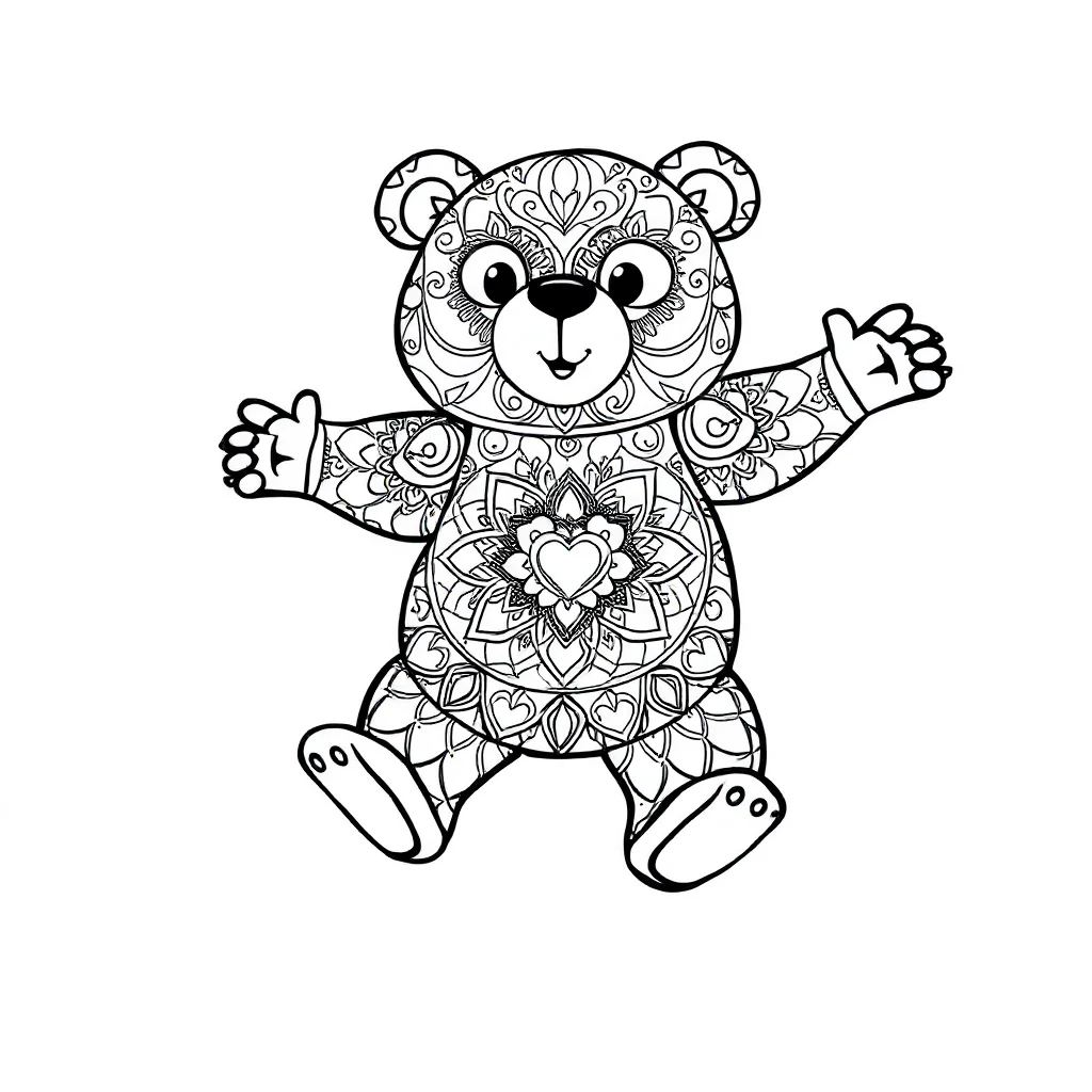 Valentines day a cute love bear leaping mid air — detailed valentine's day coloring page (ages 9+ & adults)
