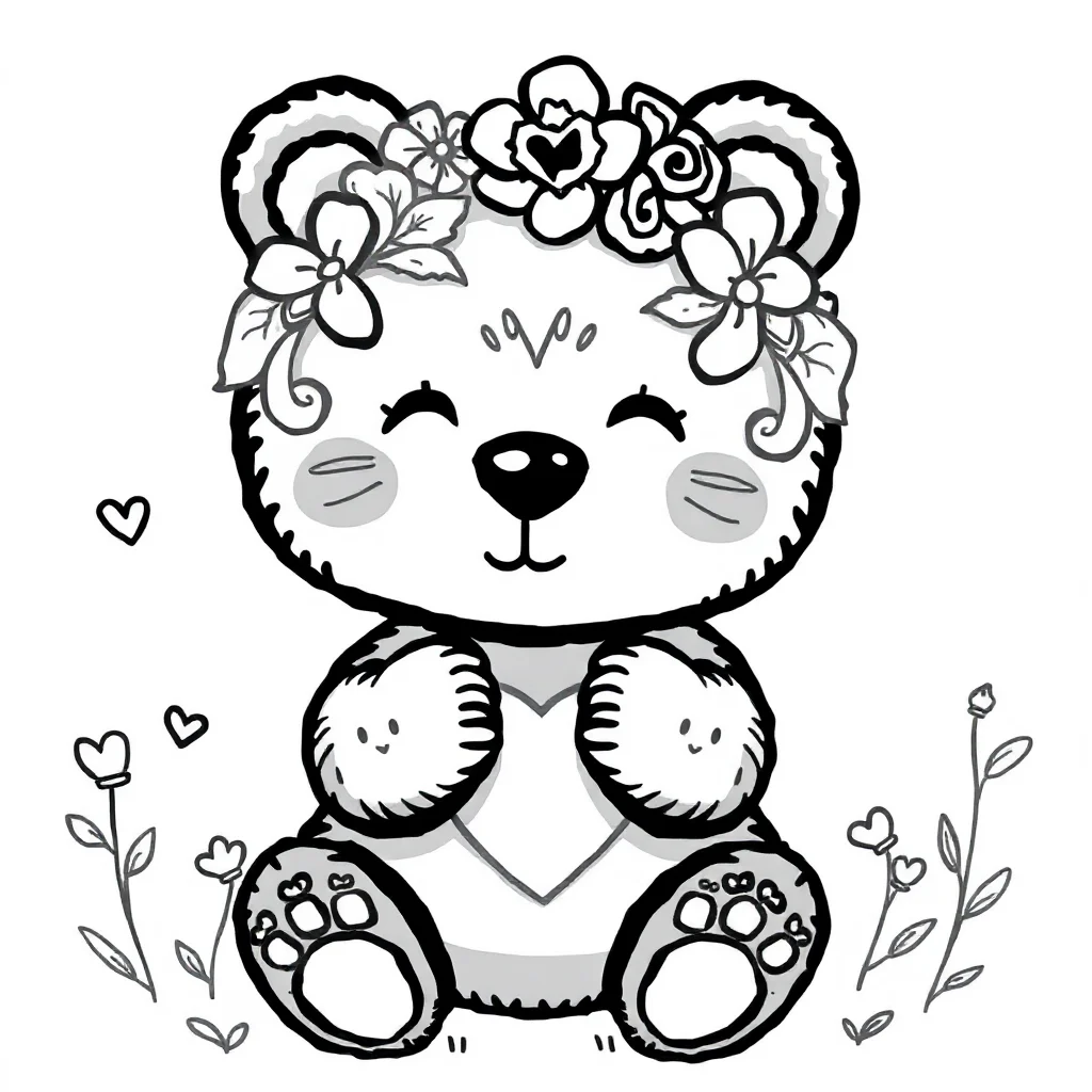 Valentines day a cute love bear wearing a flower crown — classic valentine's day coloring page (ages 5–10)