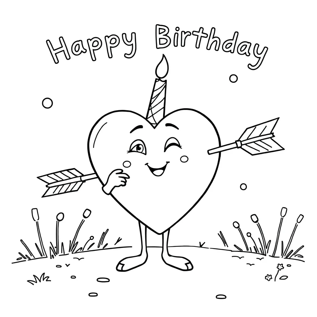 Valentines day a heart with an arrow celebrating a birthday — classic valentine's day coloring page (ages 5–10)