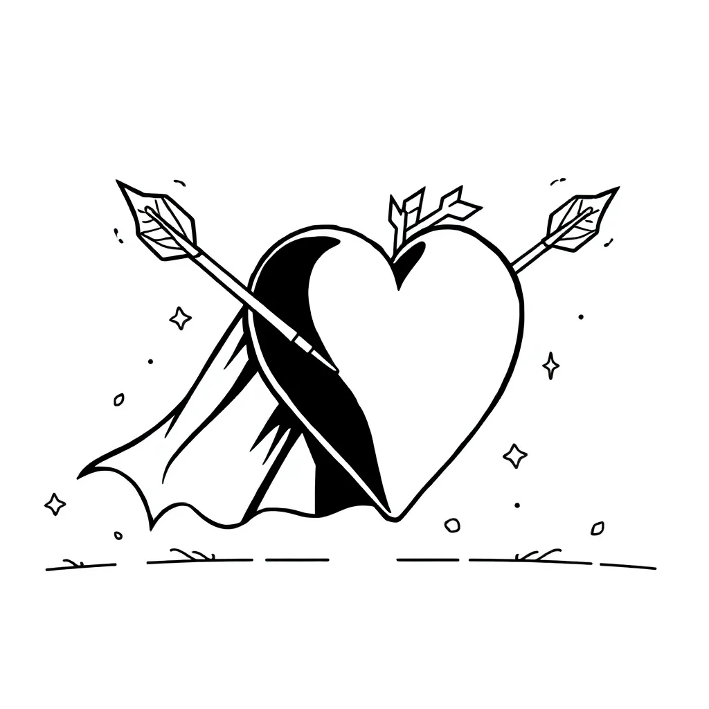 Valentines day a heart with an arrow in a superhero cape — classic valentine's day coloring page (ages 5–10)