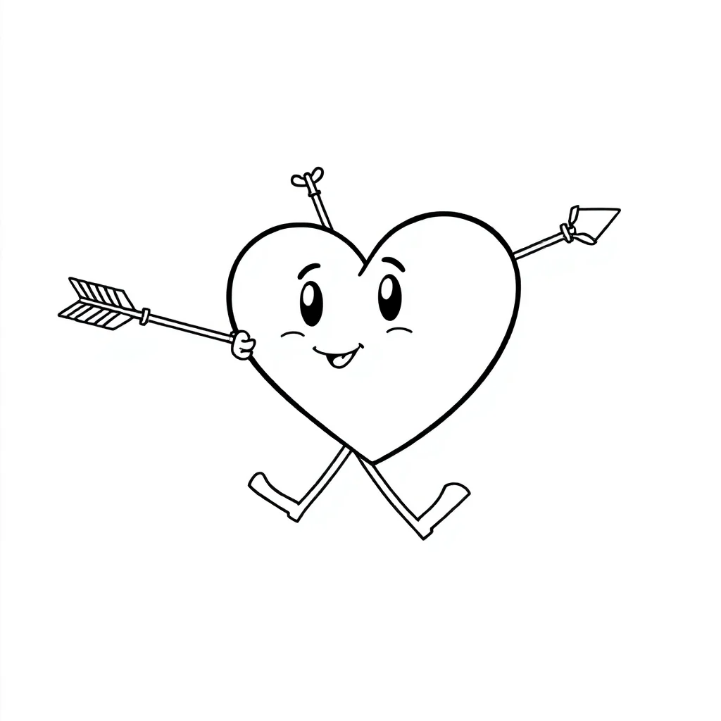 Valentines day a heart with an arrow running — easy valentine's day coloring page (ages 2–5)