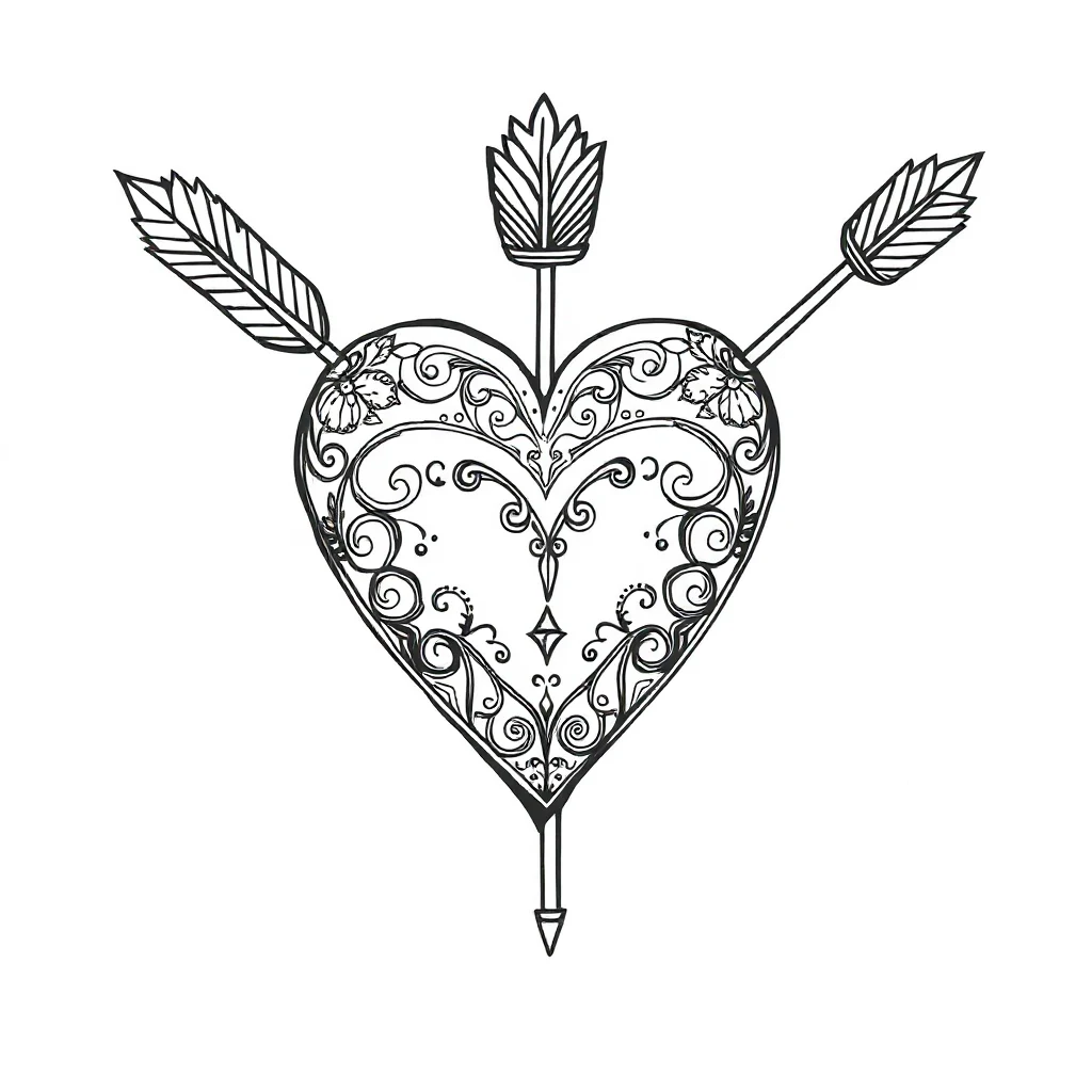 Valentines day a heart with an arrow sitting — detailed valentine's day coloring page (ages 9+ & adults)