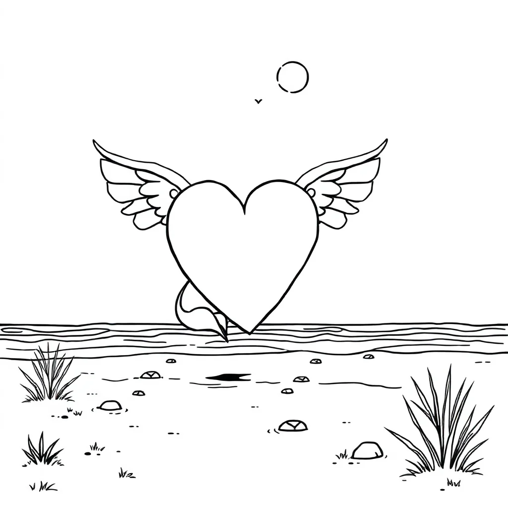 Valentines day a heart with wings on the beach — classic valentine's day coloring page (ages 5–10)