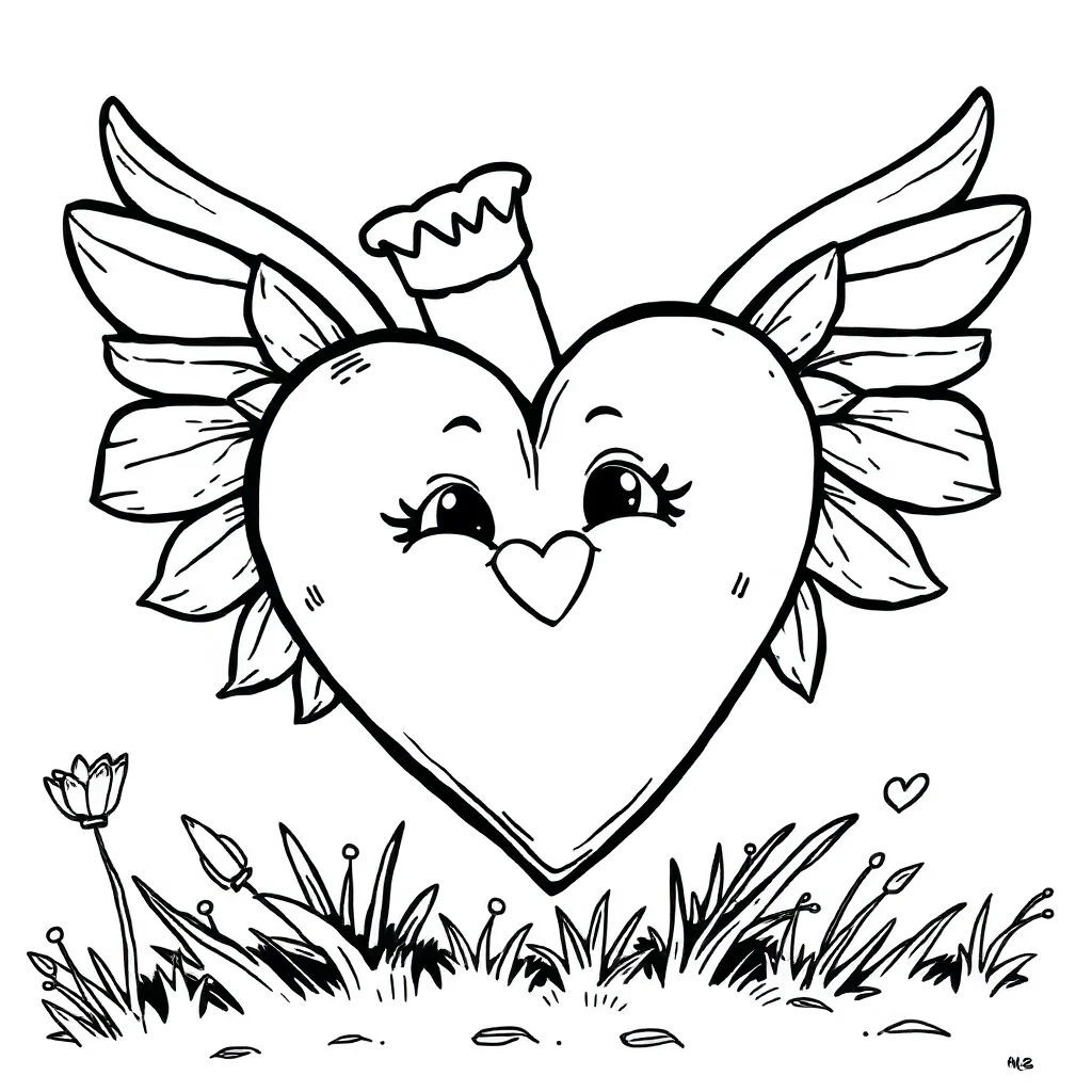 Valentines day a heart with wings peeking from behind something — classic valentine's day coloring page (ages 5–10)