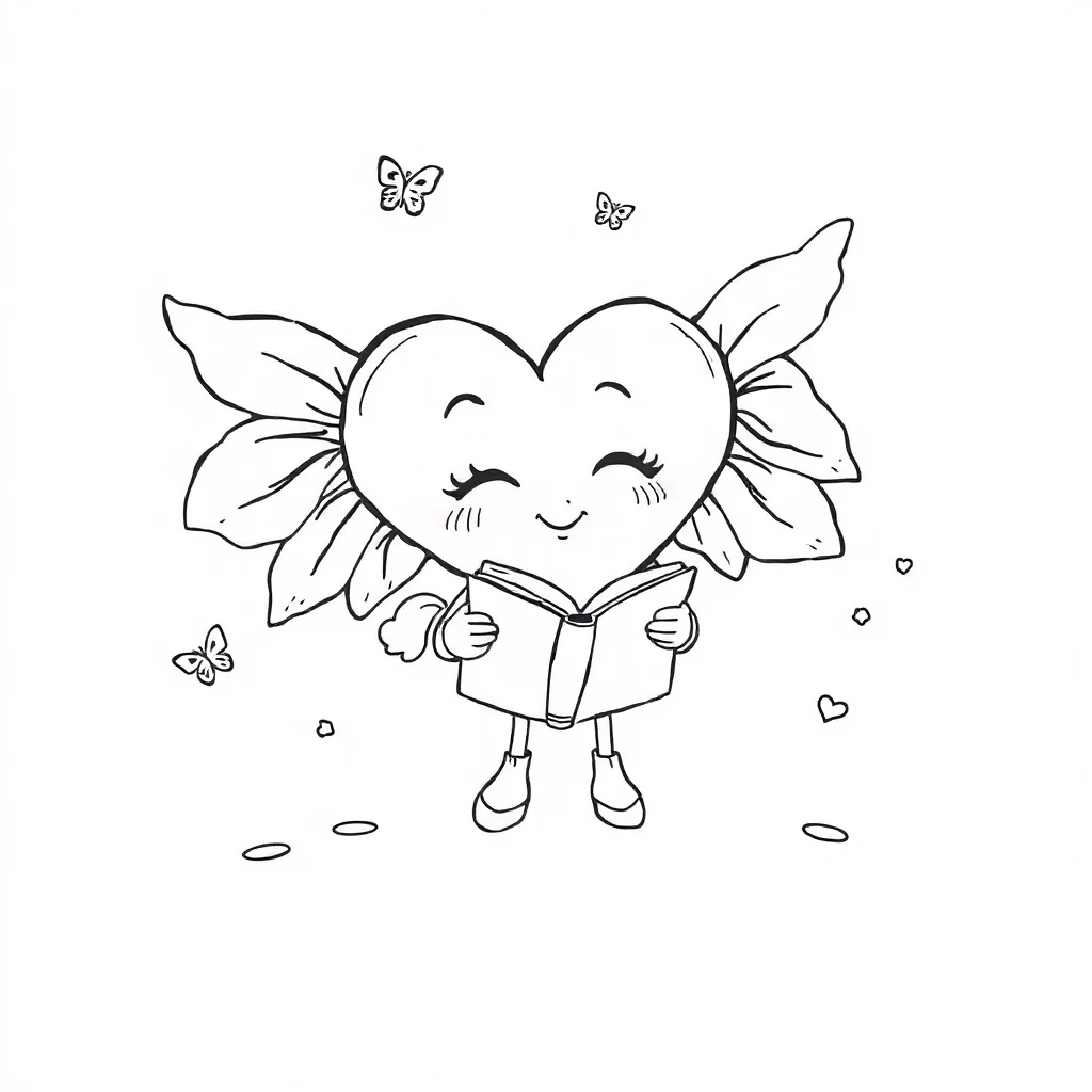 Valentines day a heart with wings reading a book — classic valentine's day coloring page (ages 5–10)