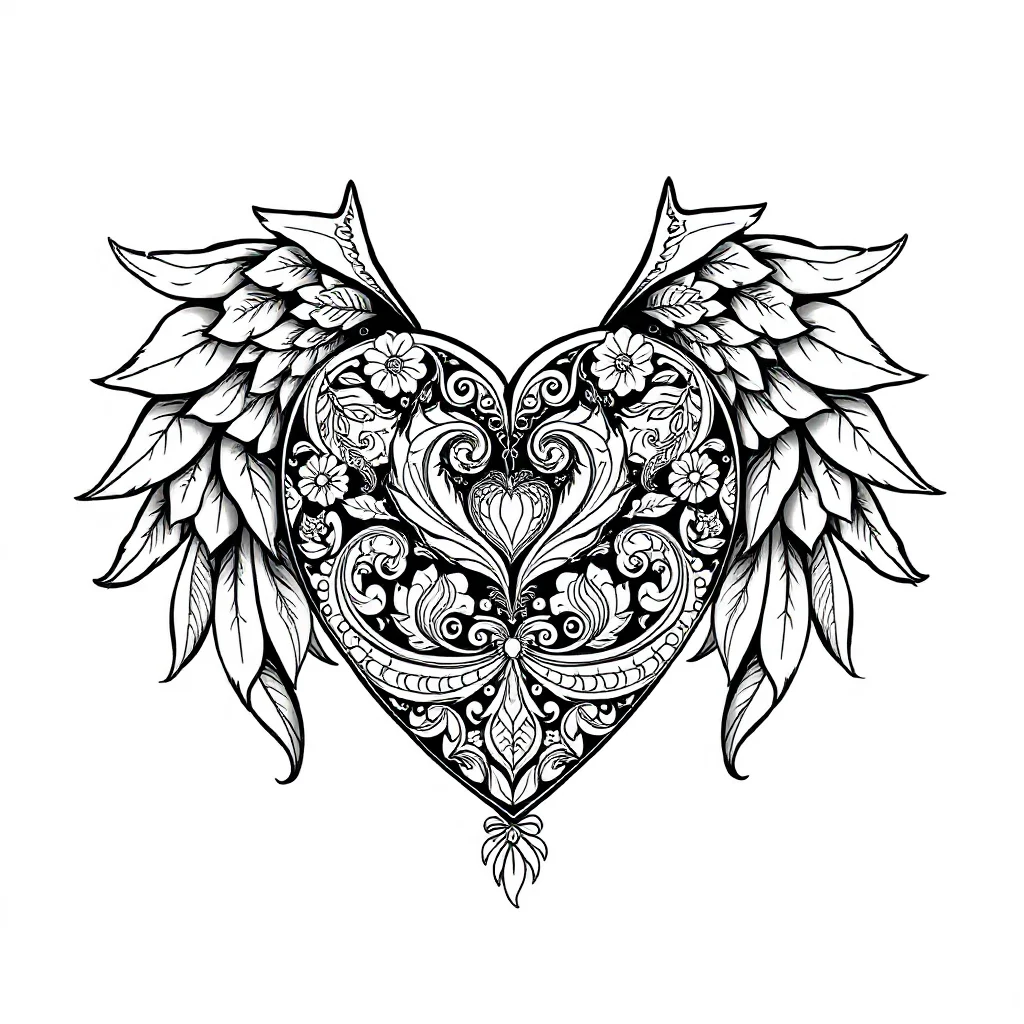 Valentines day a heart with wings sleeping curled up — detailed valentine's day coloring page (ages 9+ & adults)