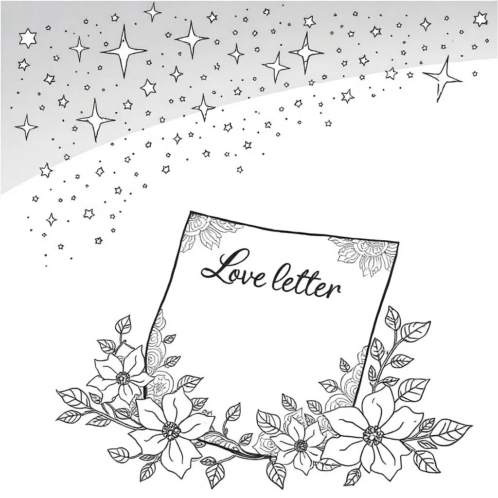 Valentines day a love letter under the night sky with stars — detailed valentine's day coloring page (ages 9+ & adults)