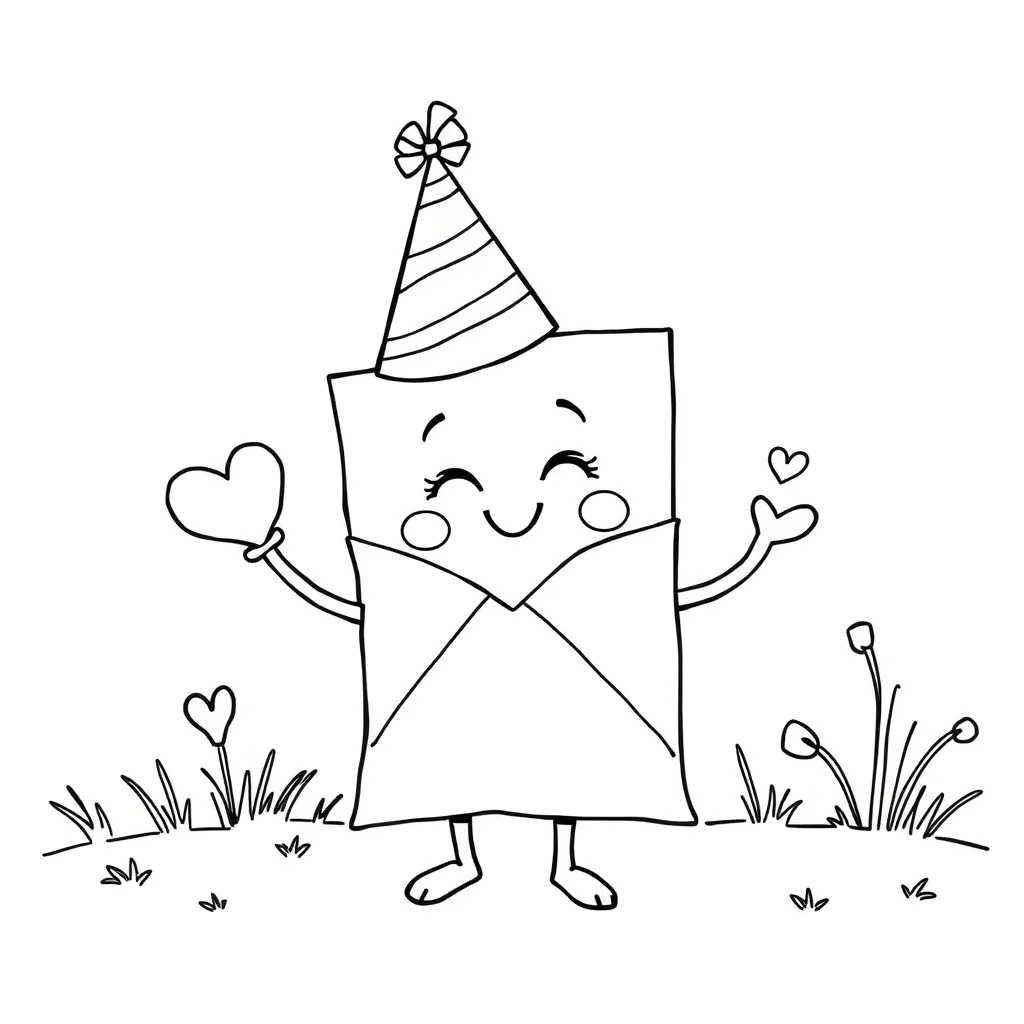 Valentines day a love letter wearing a party hat — classic valentine's day coloring page (ages 5–10)