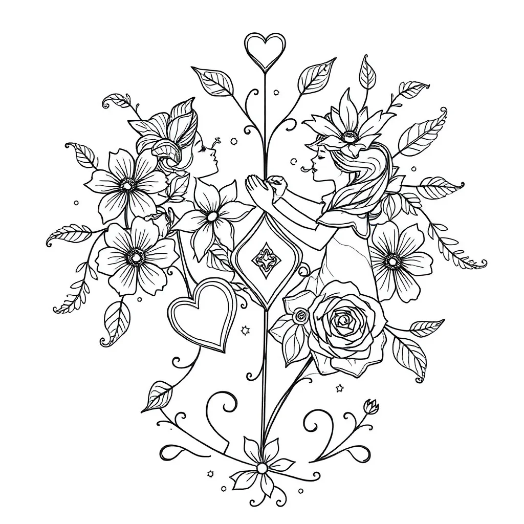 Valentines day hearts and flowers dancing — detailed valentine's day coloring page (ages 9+ & adults)