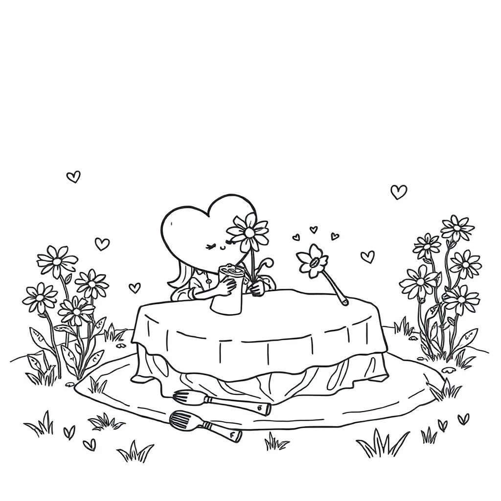 Valentines day hearts and flowers having a picnic — classic valentine's day coloring page (ages 5–10)