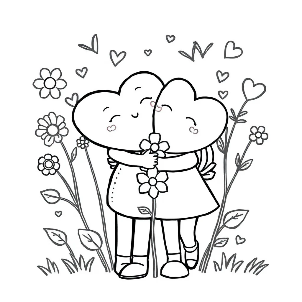 Valentines day hearts and flowers hugging a friend — easy valentine's day coloring page (ages 2–5)