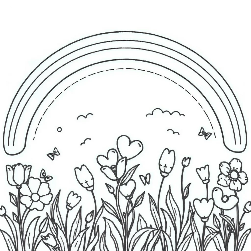 Valentines day hearts and flowers under a rainbow — classic valentine's day coloring page (ages 5–10)