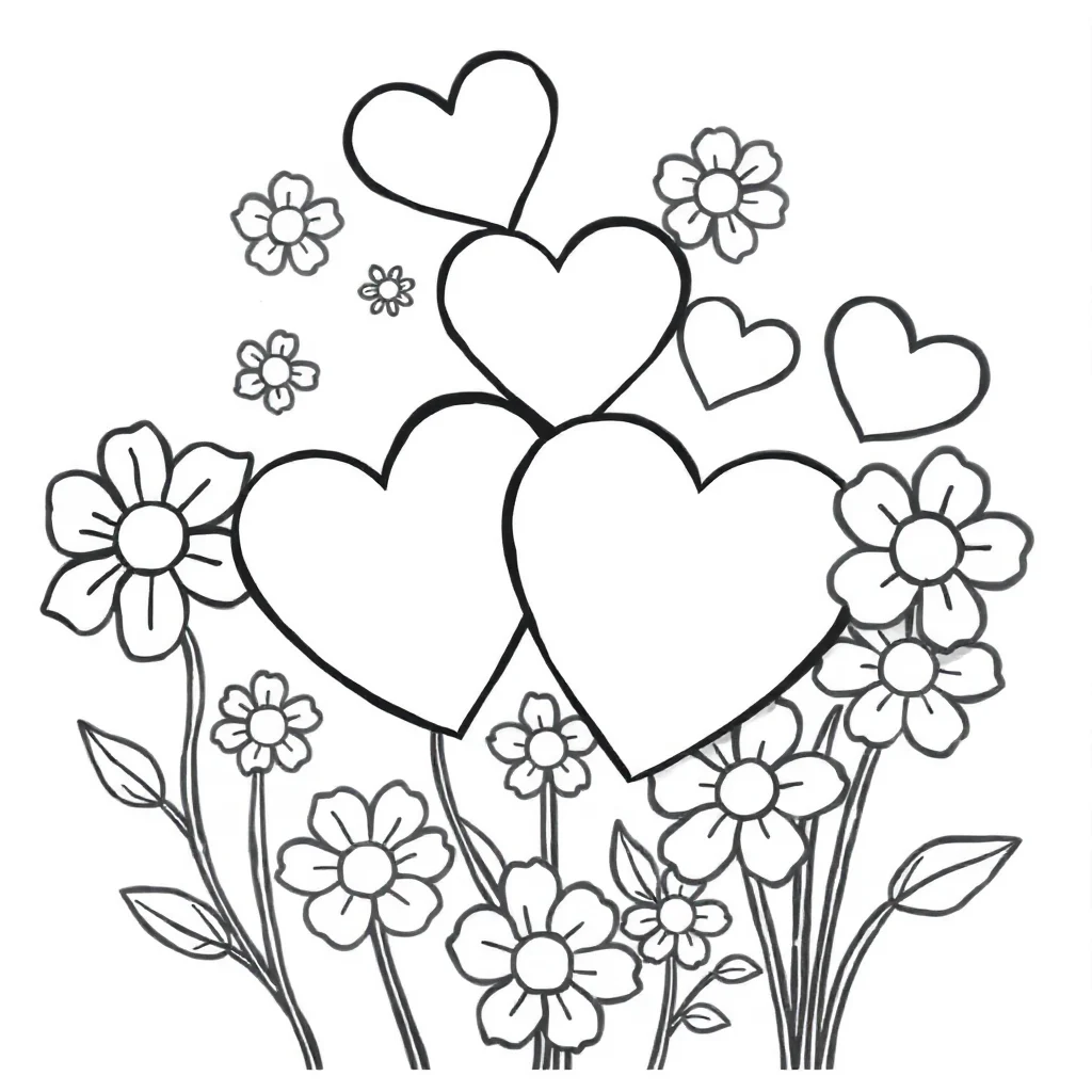 Valentines day hearts and flowers — easy valentine's day coloring page (ages 2–5)