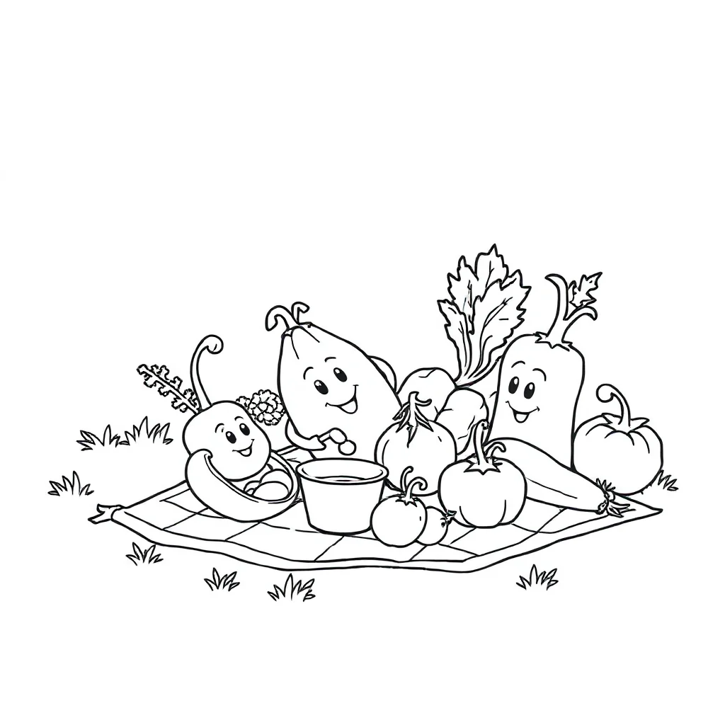 Vegetables a bunch of vegetables having a picnic — classic vegetables coloring page (ages 5–10)