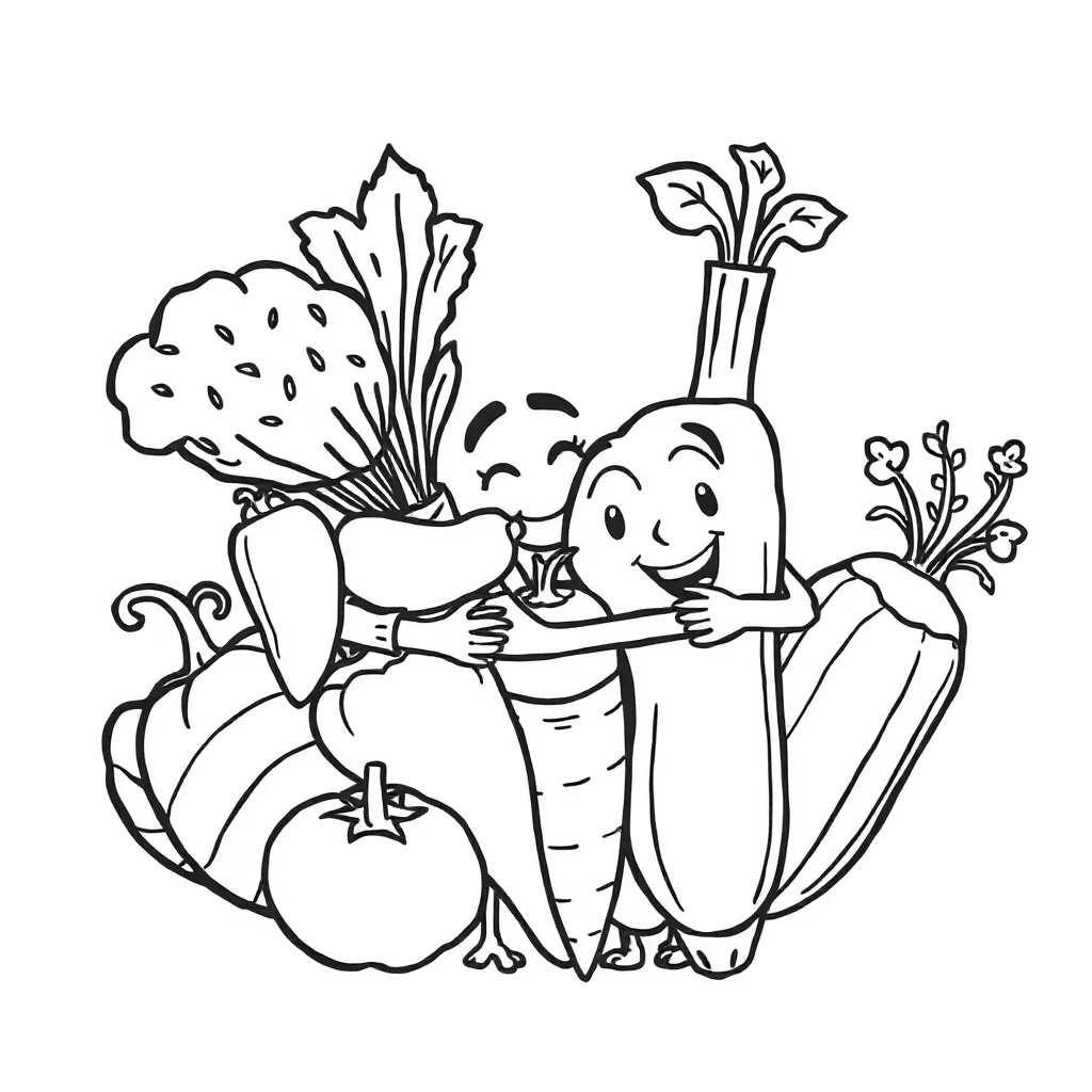 Vegetables a bunch of vegetables hugging a friend — easy vegetables coloring page (ages 2–5)