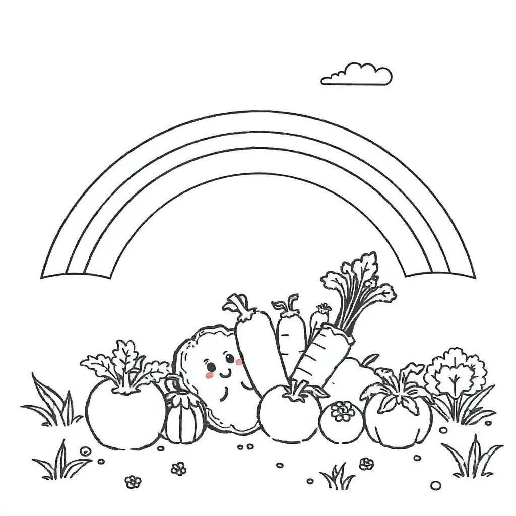 Vegetables a bunch of vegetables under a rainbow — classic vegetables coloring page (ages 5–10)