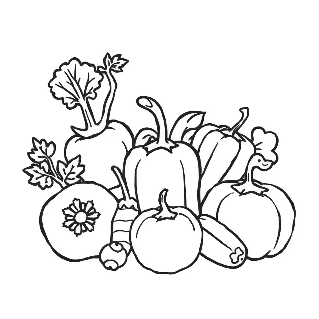 Vegetables a bunch of vegetables — easy vegetables coloring page (ages 2–5)