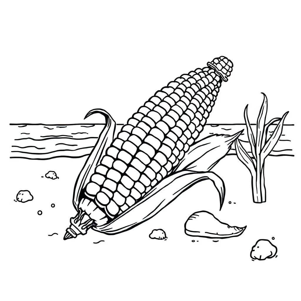 Vegetables a corn cob on the beach — classic vegetables coloring page (ages 5–10)