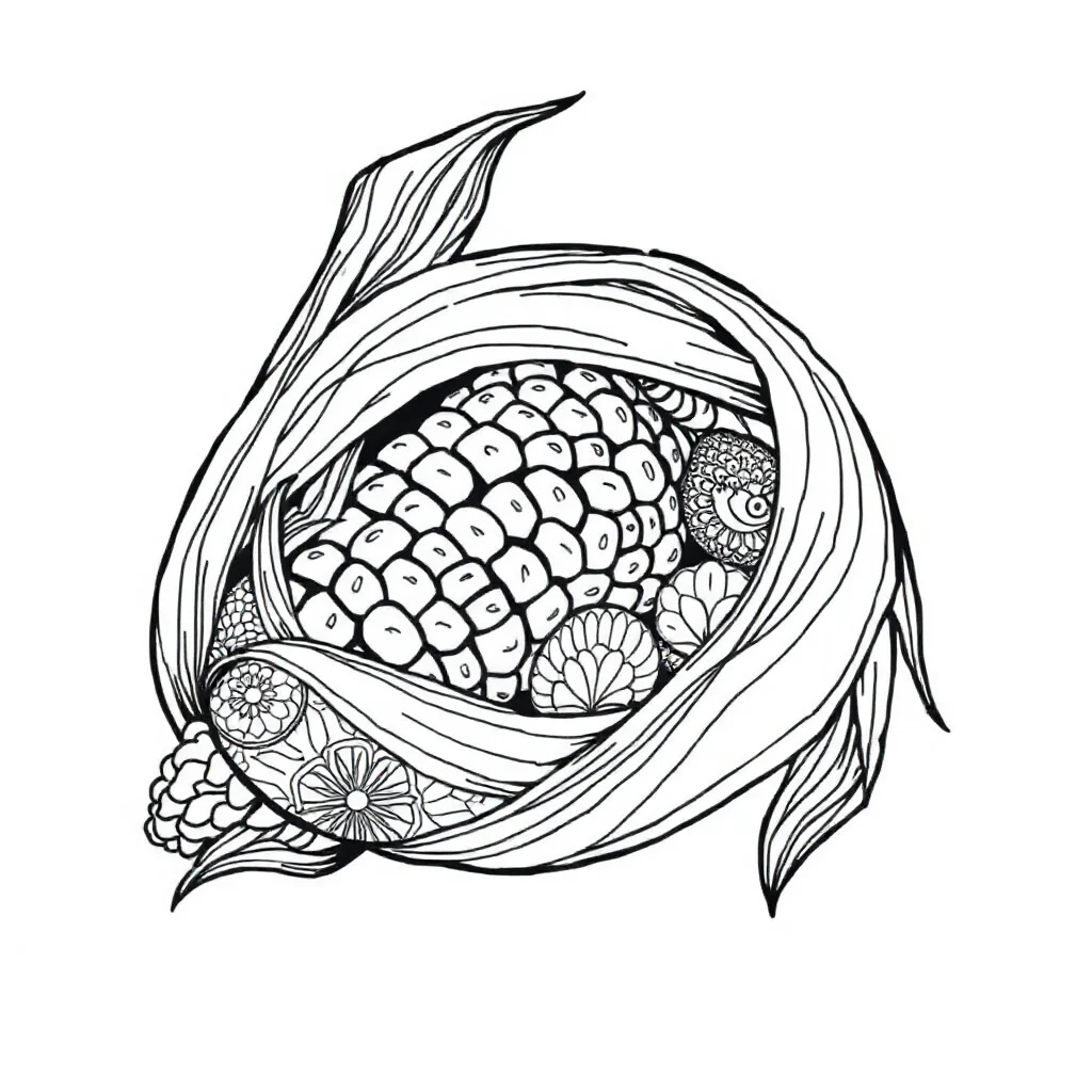 Vegetables a corn cob sleeping curled up — detailed vegetables coloring page (ages 9+ & adults)