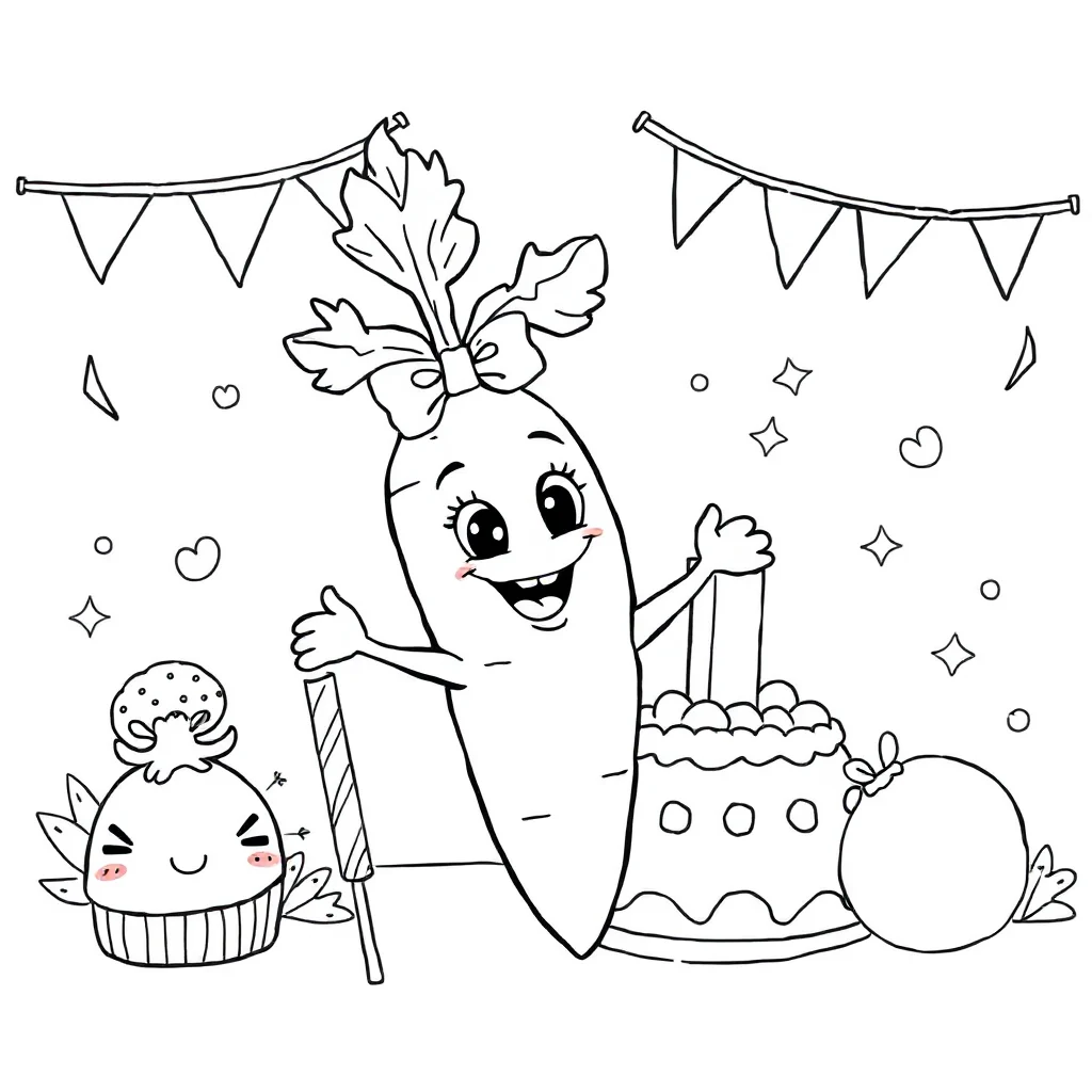 Vegetables a cute carrot celebrating a birthday — classic vegetables coloring page (ages 5–10)