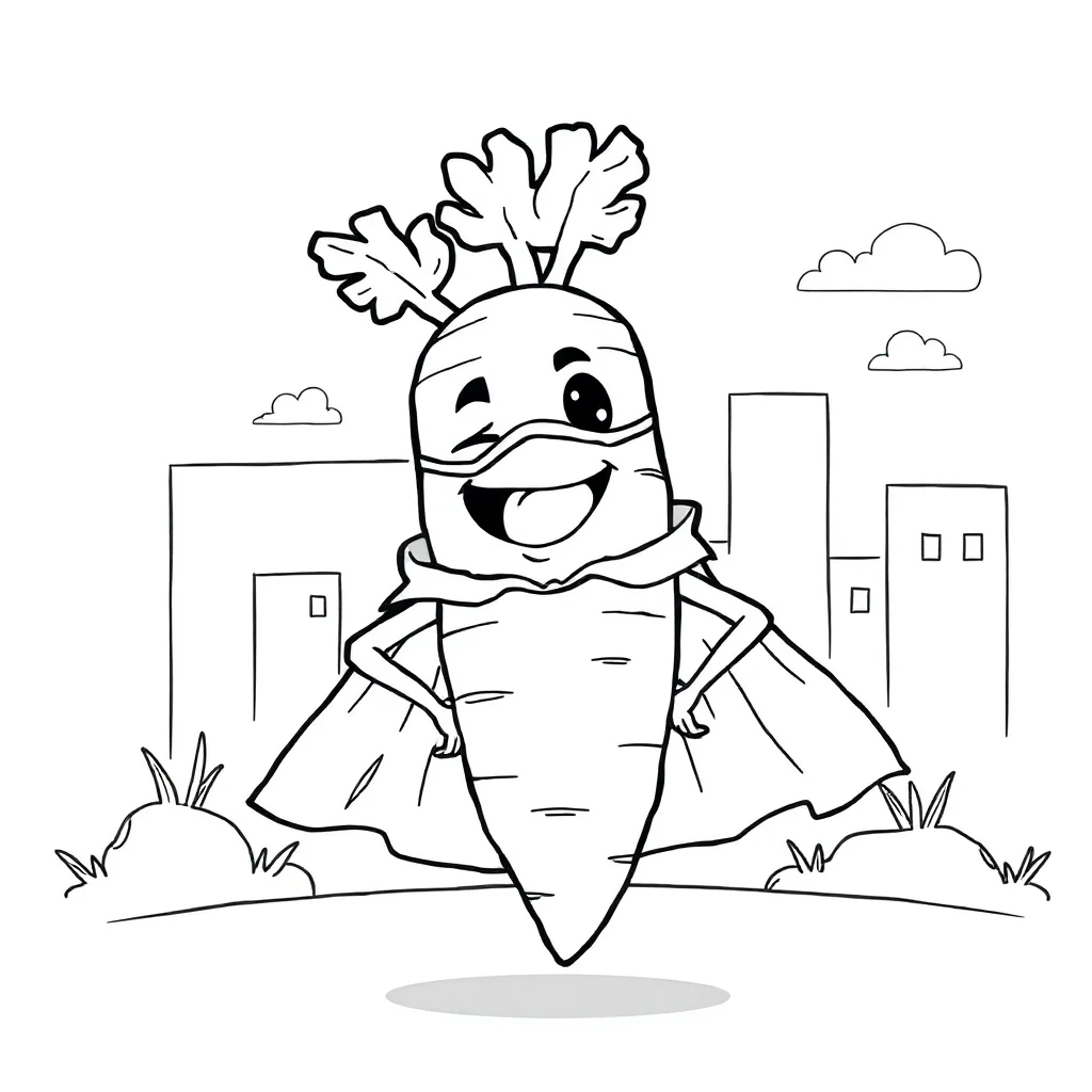 Vegetables a cute carrot in a superhero cape — classic vegetables coloring page (ages 5–10)
