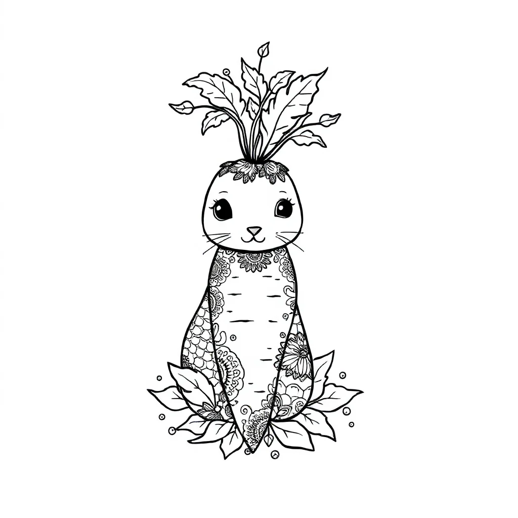 Vegetables a cute carrot sitting — detailed vegetables coloring page (ages 9+ & adults)