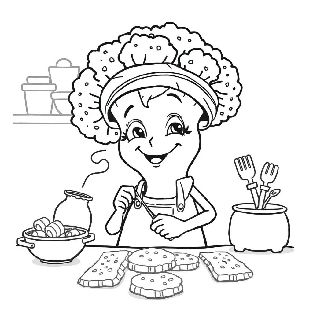 Vegetables a smiling broccoli baking cookies — classic vegetables coloring page (ages 5–10)