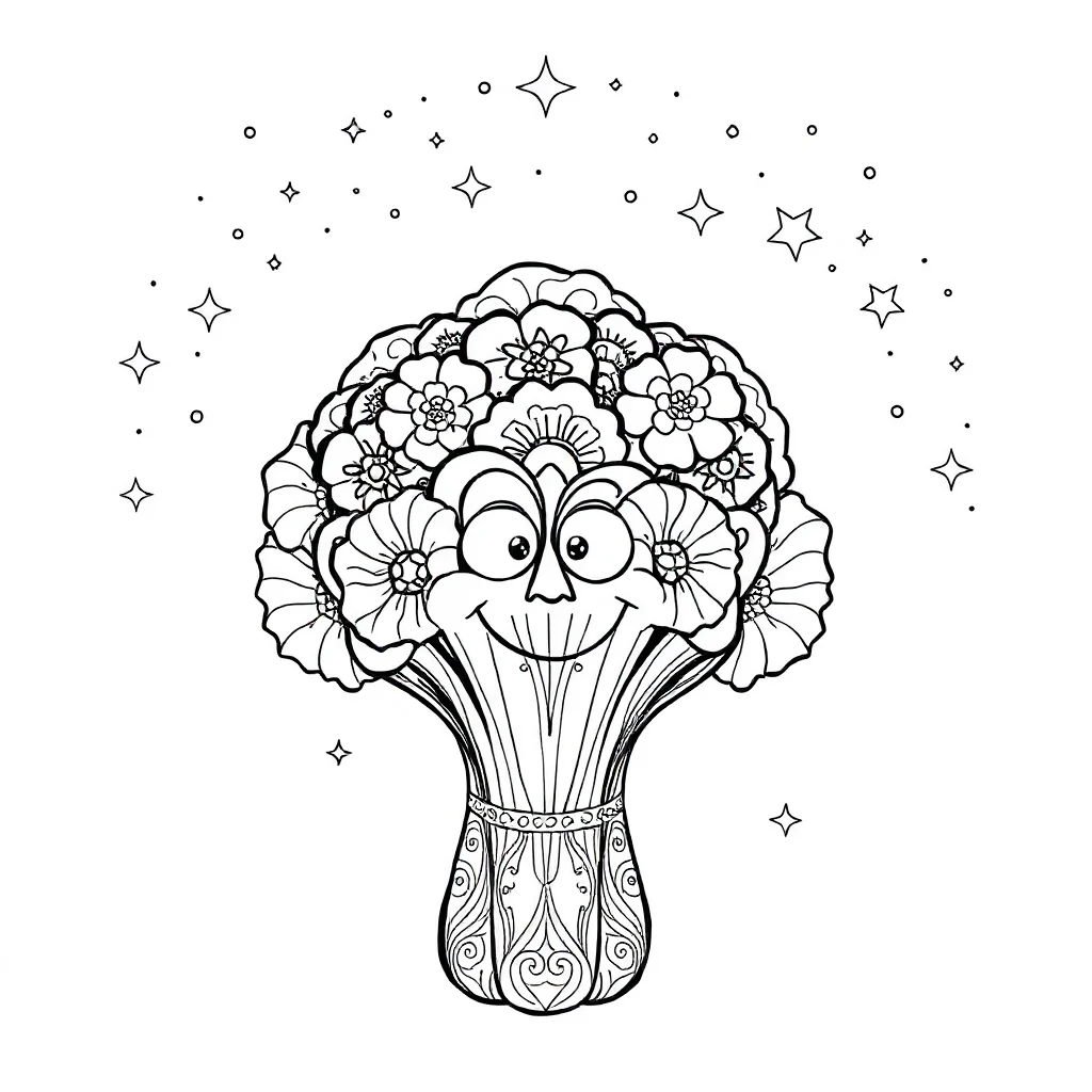 Vegetables a smiling broccoli under the night sky with stars — detailed vegetables coloring page (ages 9+ & adults)