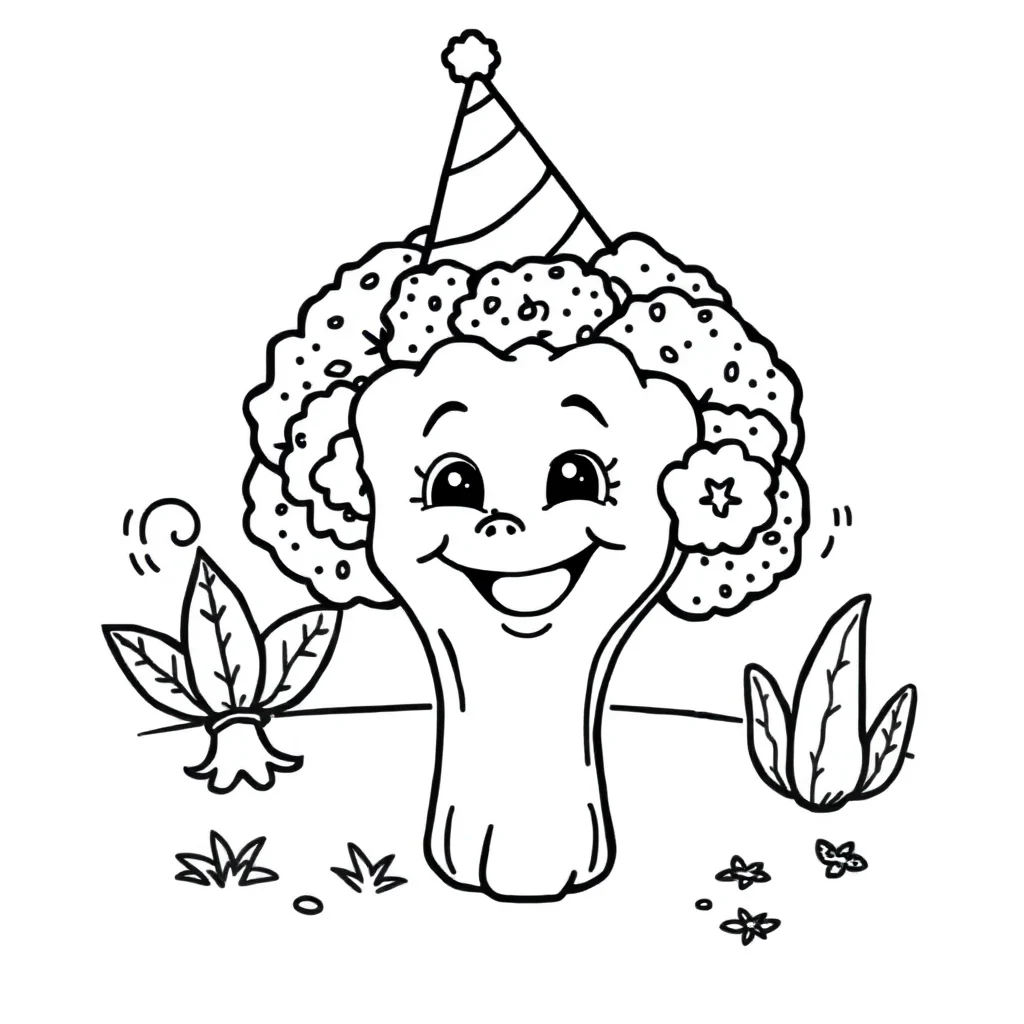 Vegetables a smiling broccoli wearing a party hat — classic vegetables coloring page (ages 5–10)