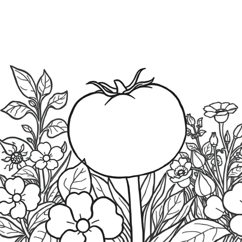 Vegetables a tomato in a flower garden — classic vegetables coloring page (ages 5–10)