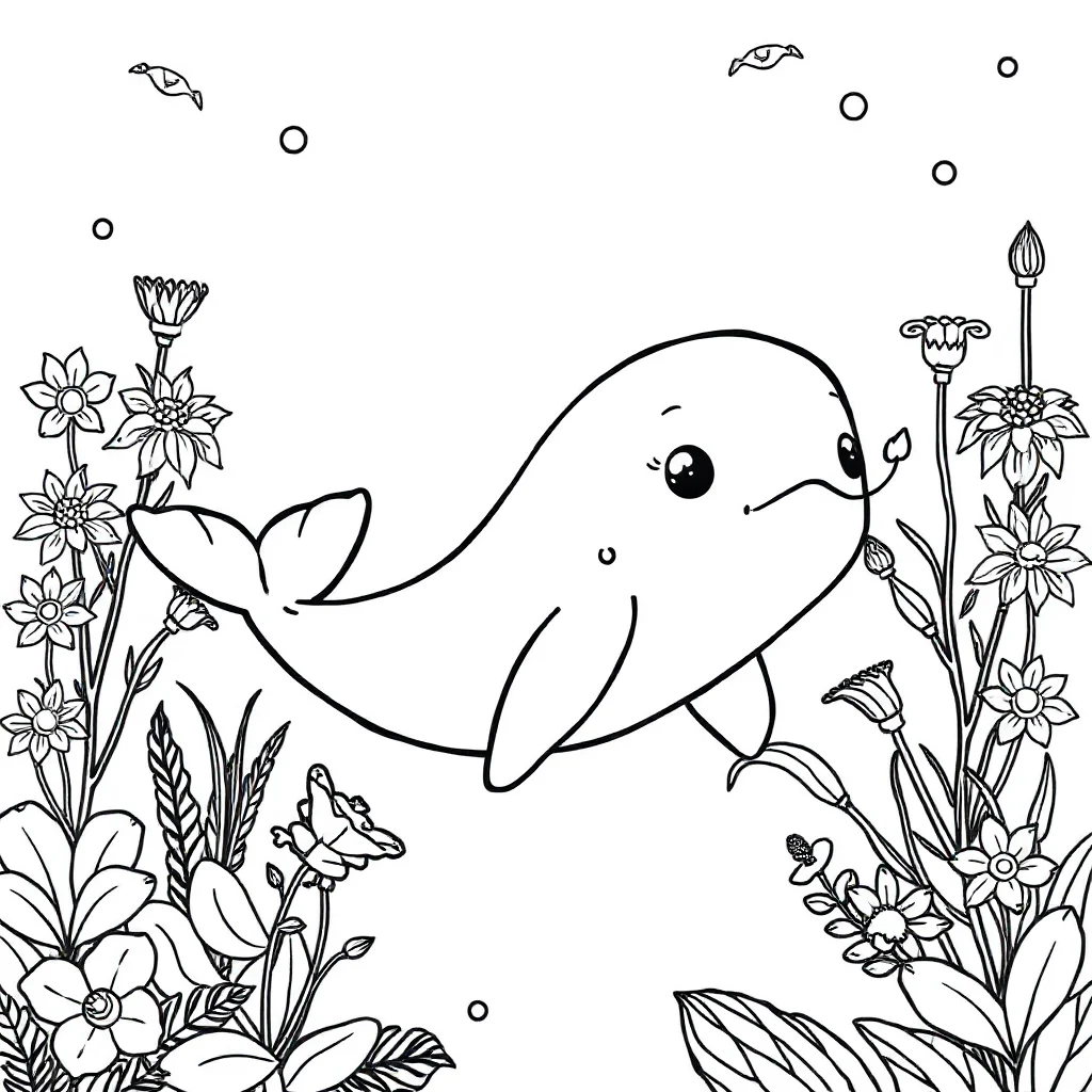Whales a baby whale in a flower garden — classic whales coloring page (ages 5–10)