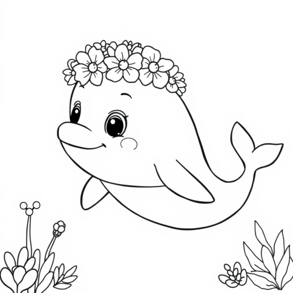 Whales a baby whale wearing a flower crown — classic whales coloring page (ages 5–10)