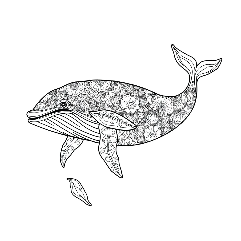 Whales a big whale dancing — detailed whales coloring page (ages 9+ & adults)