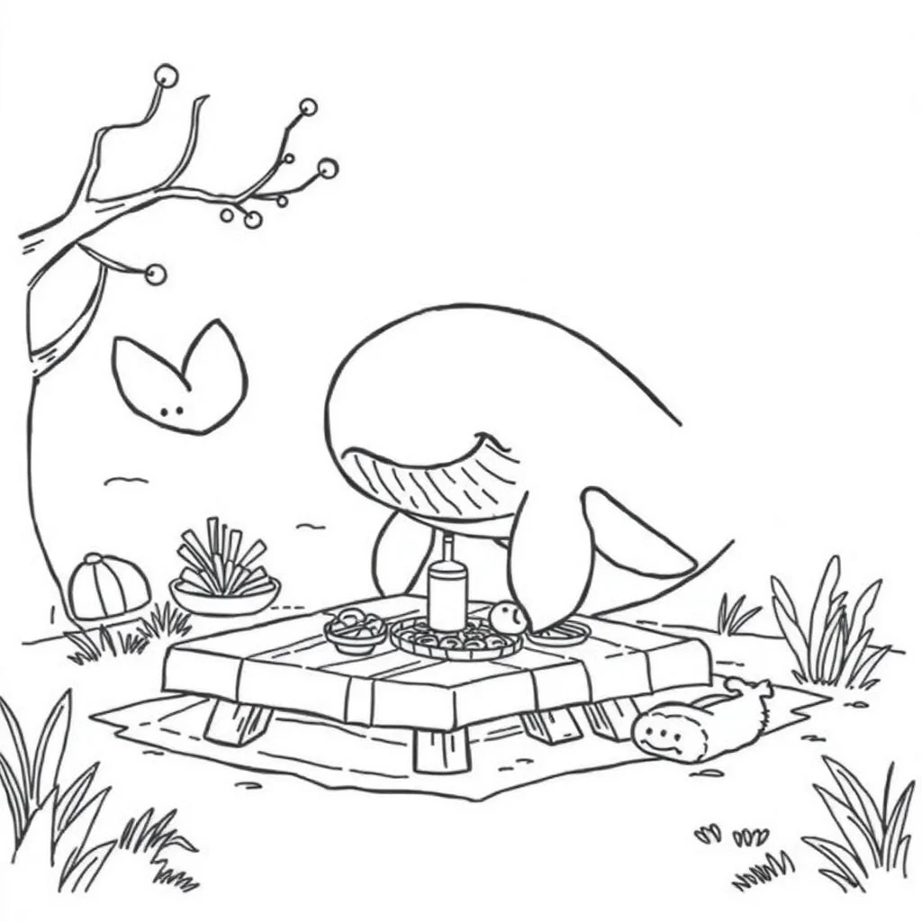 Whales a big whale having a picnic — classic whales coloring page (ages 5–10)
