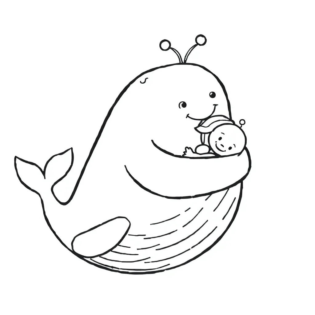 Whales a big whale hugging a friend — easy whales coloring page (ages 2–5)