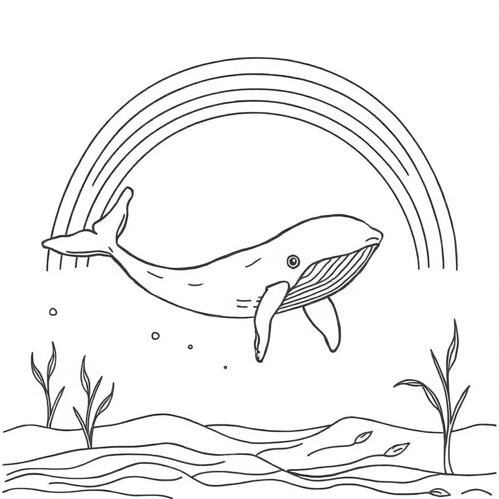 Whales a big whale under a rainbow — classic whales coloring page (ages 5–10)