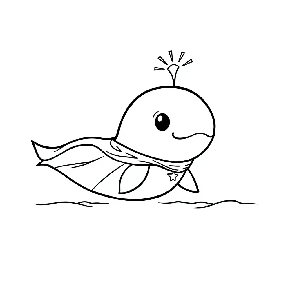 Whales a cute whale spouting water in a superhero cape — classic whales coloring page (ages 5–10)