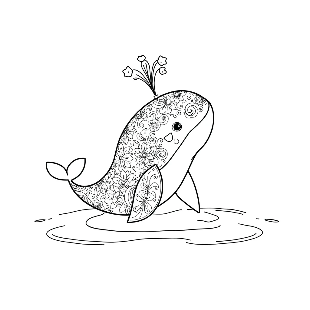 Whales a cute whale spouting water sitting — detailed whales coloring page (ages 9+ & adults)