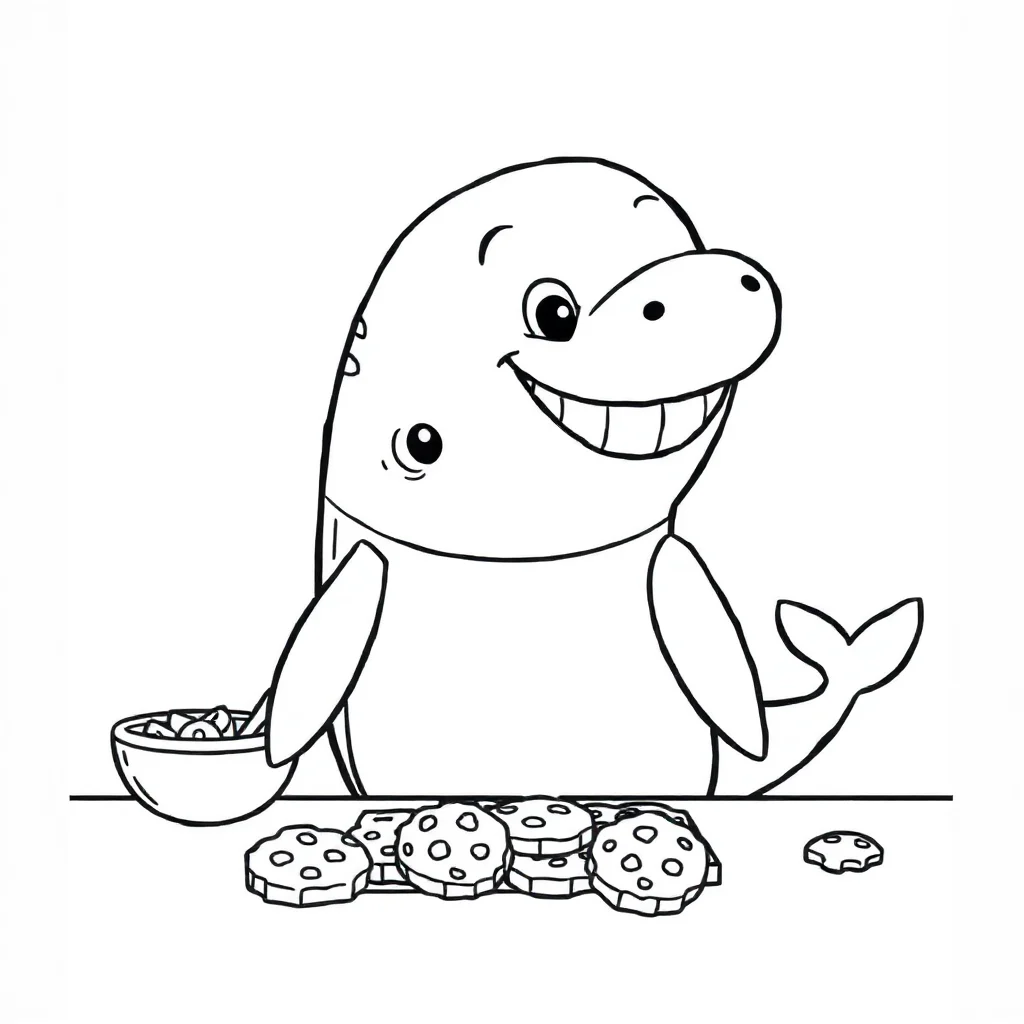Whales a smiling whale baking cookies — classic whales coloring page (ages 5–10)