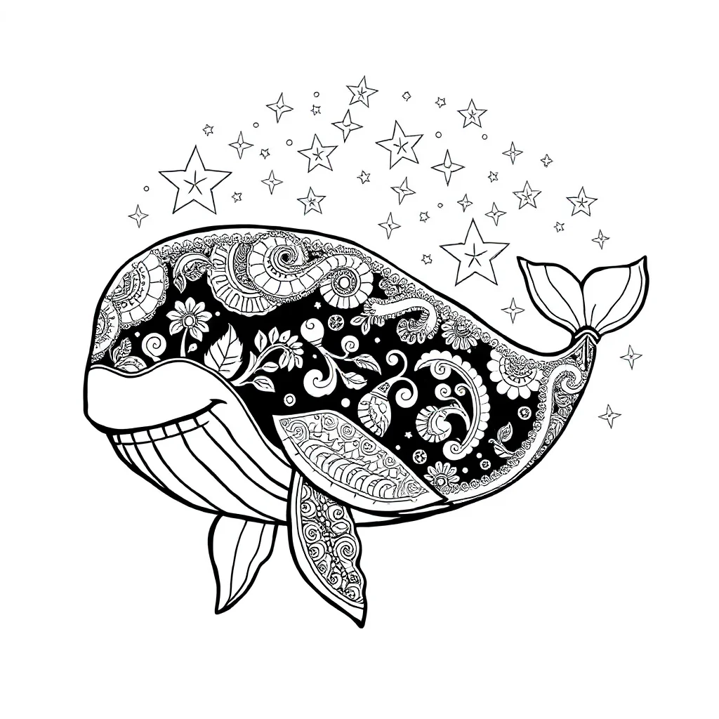 Whales a smiling whale under the night sky with stars — detailed whales coloring page (ages 9+ & adults)