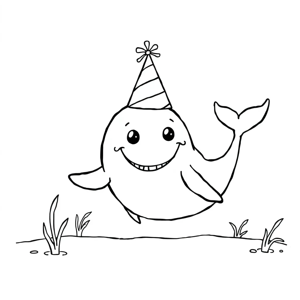Whales a smiling whale wearing a party hat — classic whales coloring page (ages 5–10)