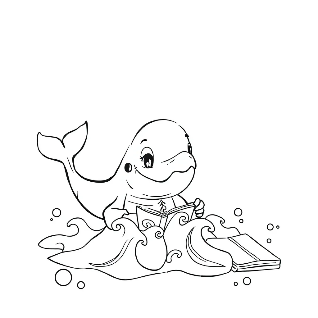 Whales a whale with waves reading a book — classic whales coloring page (ages 5–10)