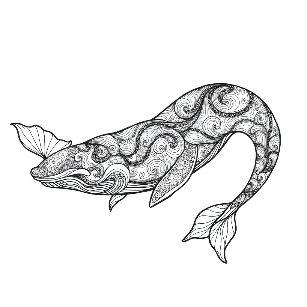 Whales a whale with waves sleeping curled up — detailed whales coloring page (ages 9+ & adults)