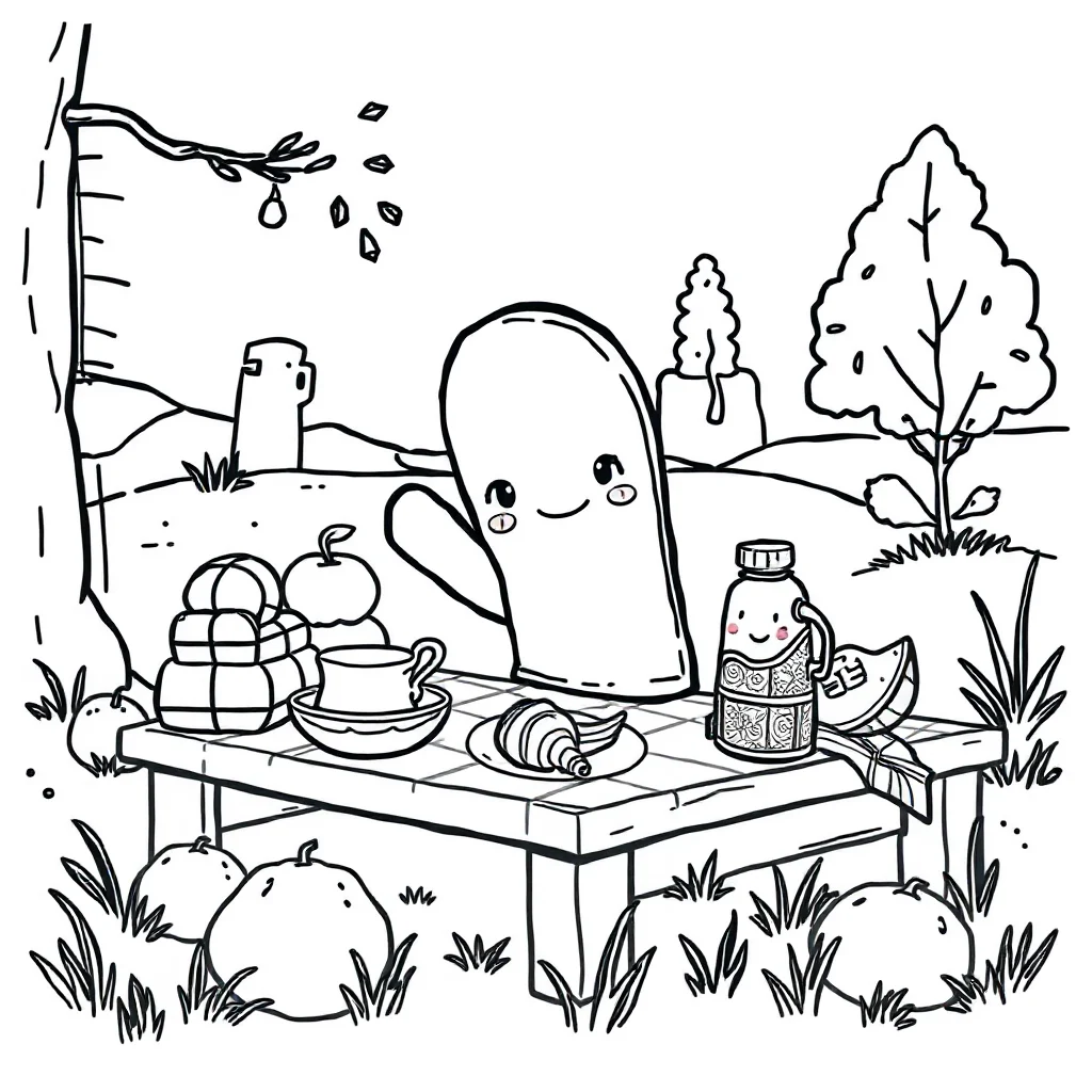 Winter a mitten having a picnic — classic winter coloring page (ages 5–10)